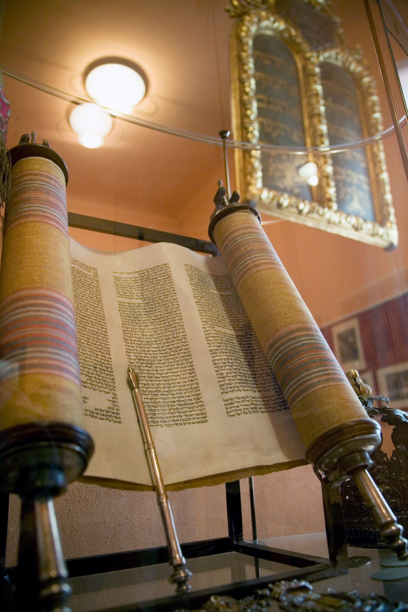 Antique Torah scroll on display
